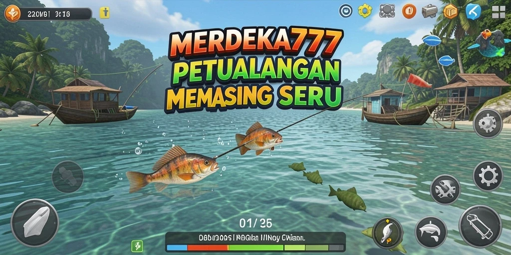 Tampilan gameplay MERDEKA777 dengan pemancing menangkap ikan.
