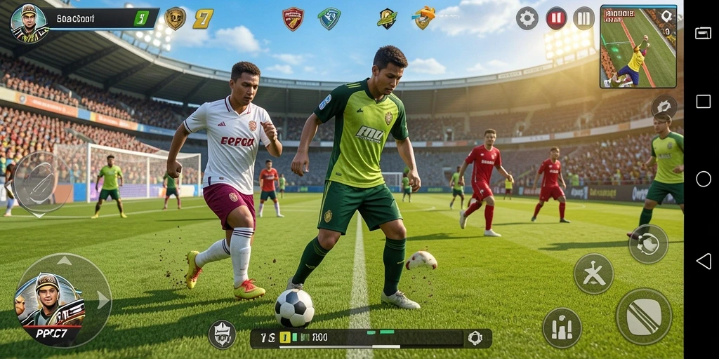 Screenshot utama <strong>PCPC7</strong> menunjukkan aksi seru di lapangan olahraga.