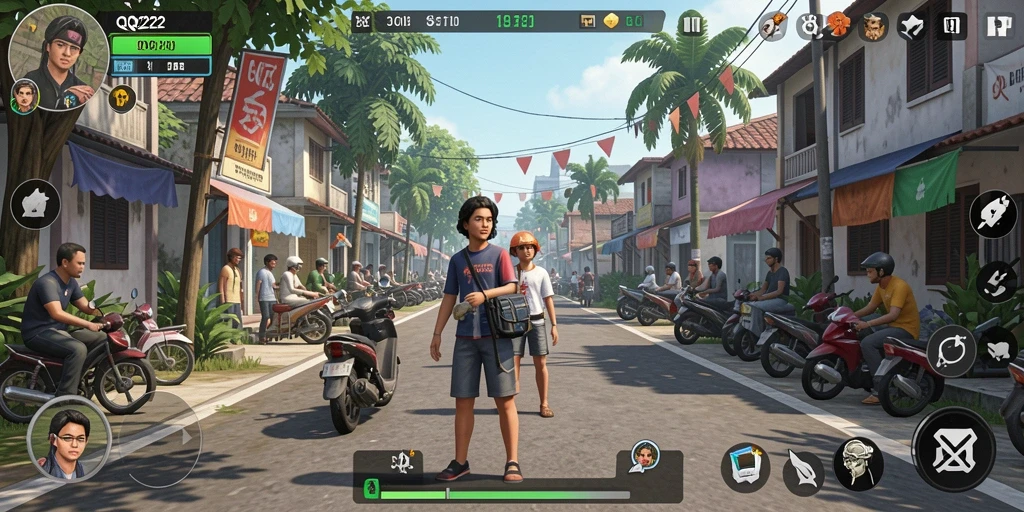 Screenshot gameplay QQ222 menampilkan interaksi karakter yang dinamis.